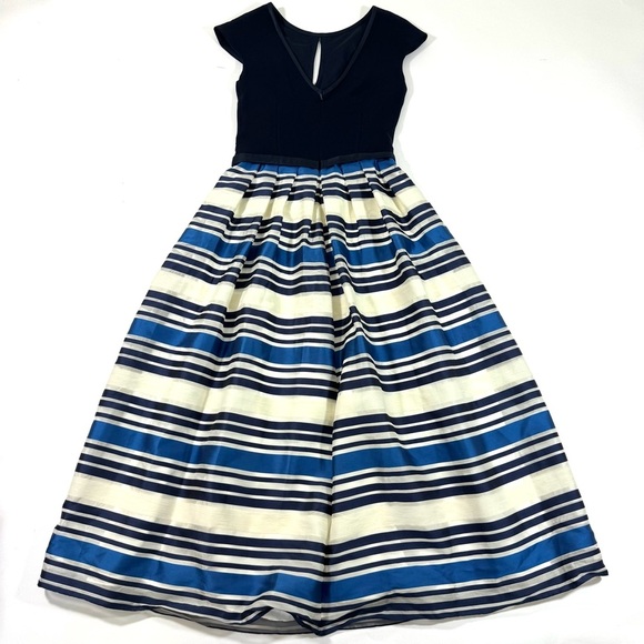 Theia Jacquard Nautical Stripe Midi Dress Blue Cap Sleeve V Back - Picture 4 of 12